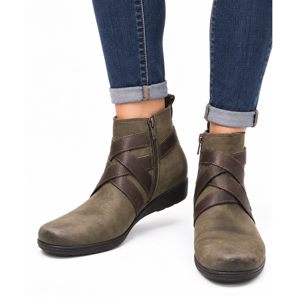 Earth Womens 8.5 Emerald Green Leather Ankle Boot Strappy Zip Boho Moto Heritage